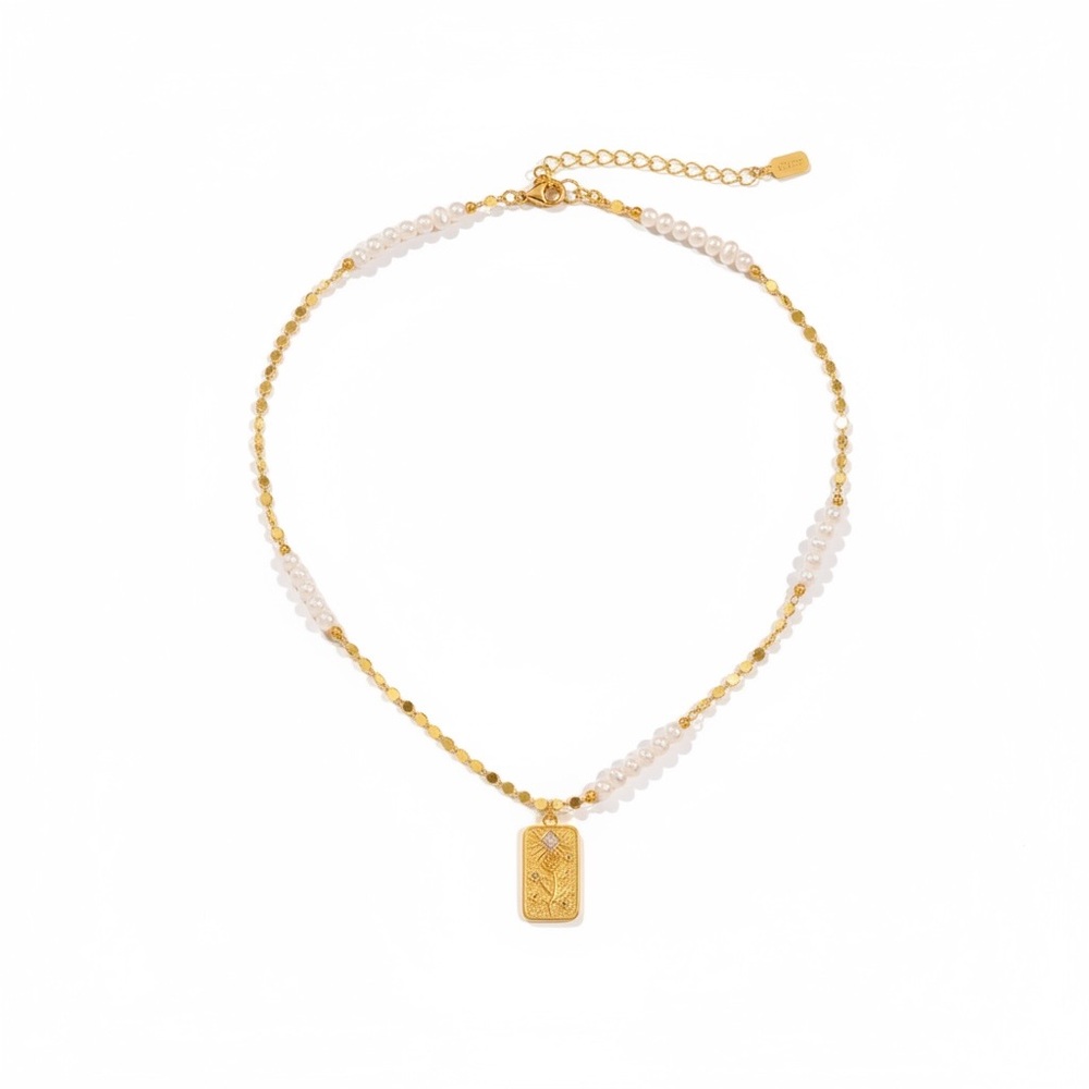 Women's 14K Gold Plate Stainless Steel Pendent Necklace Faux Pearls